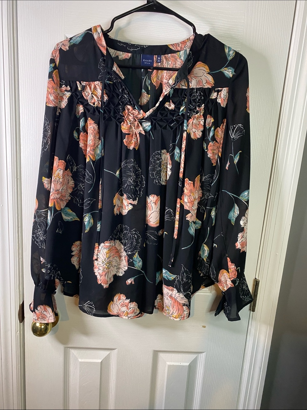 Kaari Black Floral Blouse with Peach Blooms Size Medium.